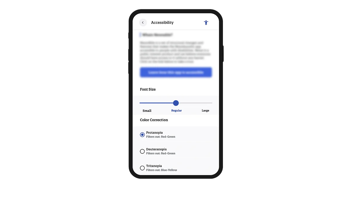 Accessibily page on the app that lists contrast themes for users with colour blindness.